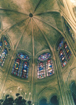 Photo looking skyward inside of the  Notre Dame Catherdral