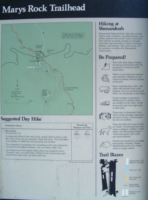 Marys Rock trailhead sign Shenandoa National Park