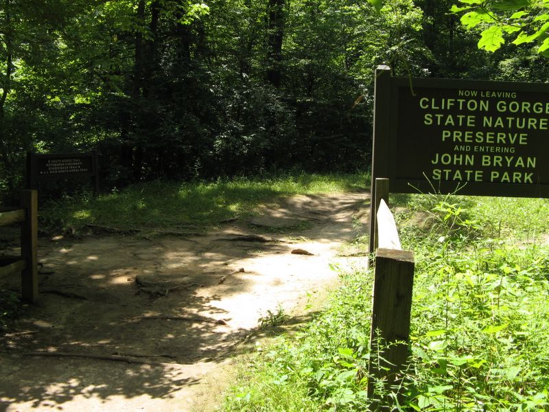 sign to leave Clifton Gorge State Nature Preserve and enter John Bryan State Park
